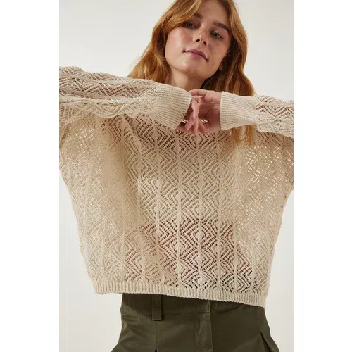  Women's Cream Openwork Seasonal Knitwear Sweater