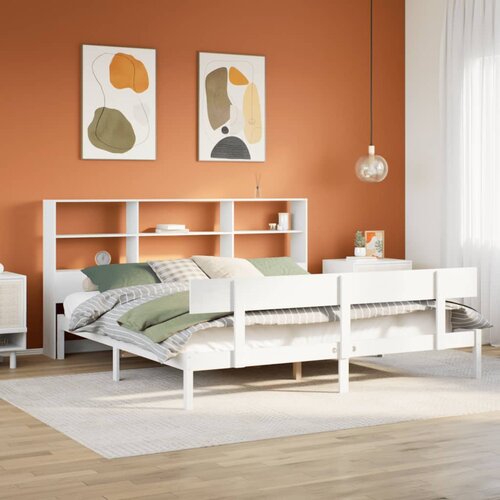 VidaXL Krevet s regalom z knjige bez madraca bijeli 200x200cm borovina Slike