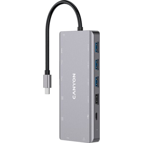 Canyon 13 in 1 USB C hub, with 2*HDMI, 3*USB3.0: support max. 5Gbps, 1*USB2.0: support max. 480Mbps, 1*PD: support max 100W PD, 1*VGA,1* Type C data, 1*Glgabit Ethernet, 1*3.5mm audio jack, cable 15cm, Aluminum alloy housing,130*57.5*15 mm,DarK gray Cijene