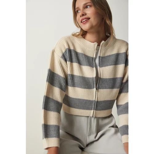 Happiness İstanbul Women's Cream Gray Zippered Striped Knitwear Cardigan
