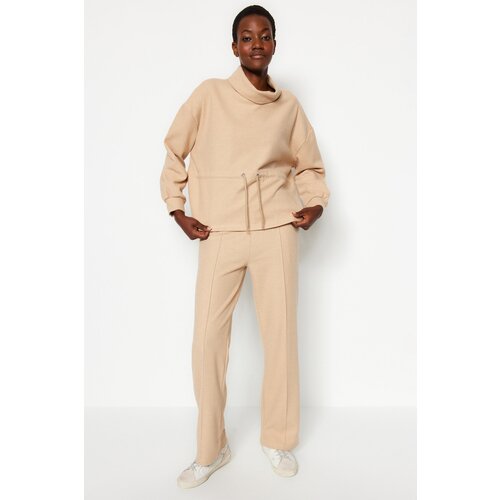Trendyol Beige Thessaloniki/Knitwear Look, Standing Collar with Smocking, Regular/Normal Knitted Sweatshirt Slike
