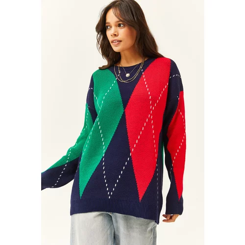 Olalook Women's Navy Blue Claret Red Diamond Patterned Oversize Knitwear Sweater