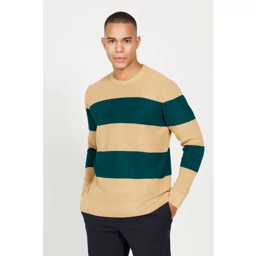 AC&Co / Altınyıldız Classics Men's MILK BROWN-GREEN Standard Fit Regular Fit Crew Neck Knitwear Sweater