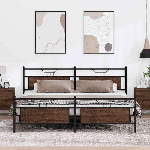 Metalni Kovinski posteljni okvir brez vzmetnice rjavi hrast 193x203 cm, (21829077) Slike