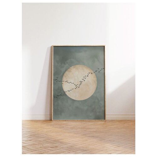 Wallxpert uramljena slika 115213, pun mesec i jato ptica na sivozelenoj pozadini, 50 x 70 cm, ram u boji prirodnog drveta Cene