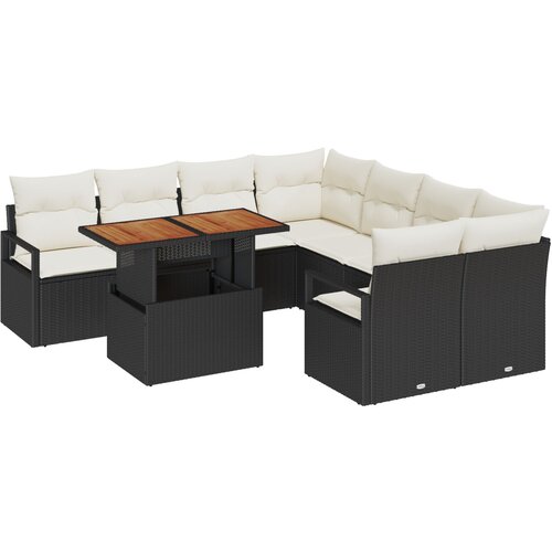 VidaXL 9 Dijelni Vrtni Set Sofa s Jastučićima Crni Poliratan Akacija, 2-Sjedala Vrtna Sofa s Jastučićima Crna Poliratan Slike