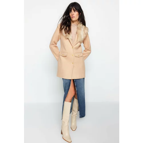 Trendyol Beige Premium Fur Collar Detailed Coat with Gold Buttons