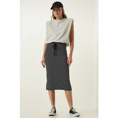 Happiness İstanbul Women's Black Striped Slit Wrap Knitted Skirt