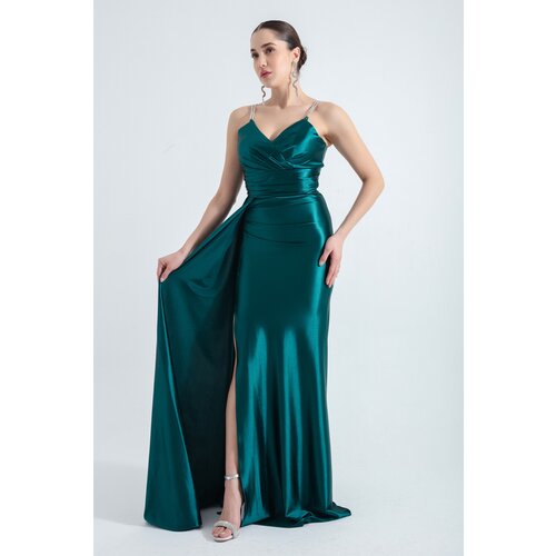 Lafaba women's emerald green stone strap-tailed long evening dress Slike