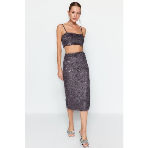 Trendyol Silver Fringed Sequin Midi Skirt Cene