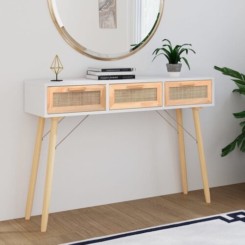  Konzolni stol bijeli 105 x 30 x 75 cm borovina i prirodni ratan Cijene