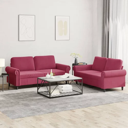  2-dijelni set sofa s jastucima crvena boja vina baršunasti