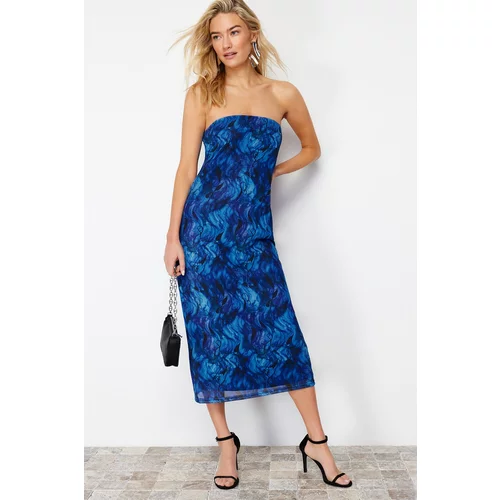 Trendyol Navy Blue Printed Tulle Lined Strapless Midi Knitted Dress