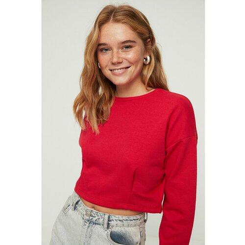 Trendyol red crop waist pleated slim knitted sweatshirt Slike