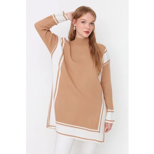 Trendyol Brown Stripe Patterned Crew Neck Sweater