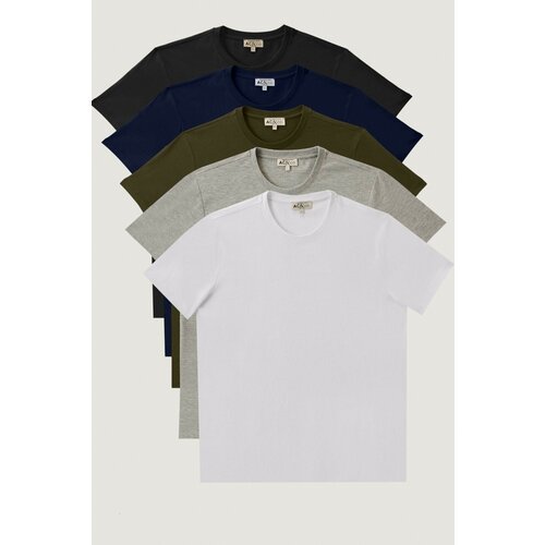AC&Co / Altınyıldız Classics Men's White-navy blue-black-khaki-gray Melange Slim Fit Crew Neck 100% Cotton T-Shirts of 5 Pack. Slike
