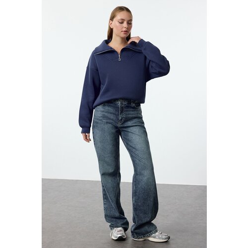 Trendyol Indigo Thick Fleece Zippered Oversize/Wide Fit Knitted Sweatshirt Slike