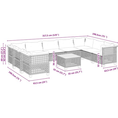  10-dijelni set vrtnih sofa od poliratana s jastucima sivi Siva 55 x 55 x 36 cm Slike
