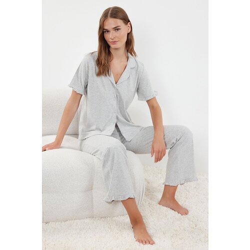 Trendyol gray melange 100% cotton solid ruffle single jersey knitted pajama set Slike