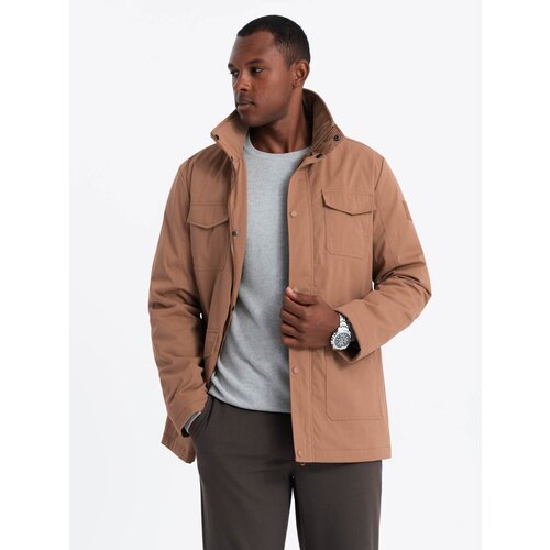 Ombre Men&amp;#039;s lightweight jacket with pockets and high collar - brown Slike