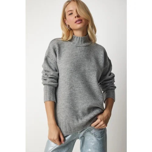  Women's Gray Stand-Up Collar Soft Textured Knitwear Sweater