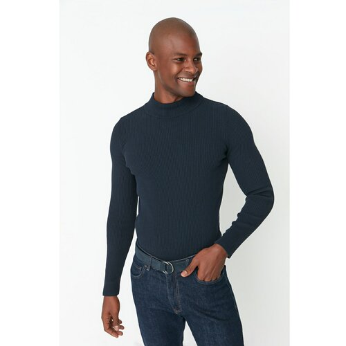 Trendyol Navy Blue Men's Fitted Slim Fit Half Turtleneck Corduroy Knitwear Sweater Slike