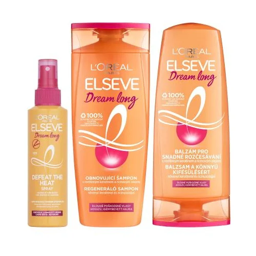 L'Oréal Paris Elseve Dream Long Defeat The Heat Spray Set zaštita kose od topline 150 ml + šampon 400 ml + balzam za kosu 300 ml za ženske