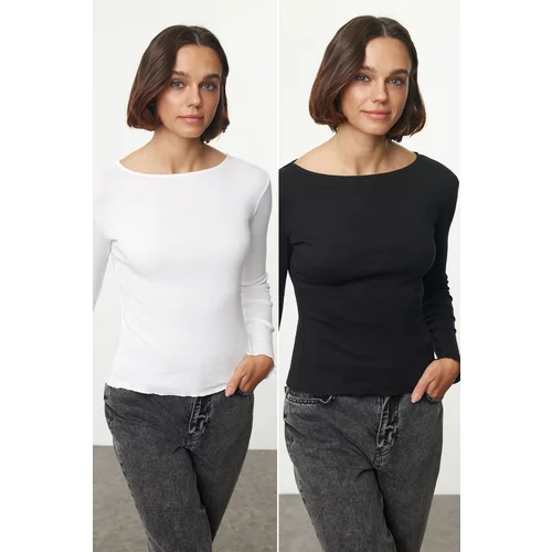 Trendyol Black-White Double Pack Slim/Fitting Regular Baby Overlock Detailed Knitted Blouse