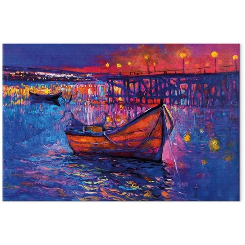  Slika - Modern impressionism - night landscape of a lake with a floating boat 60x40 Premium Print Cijene