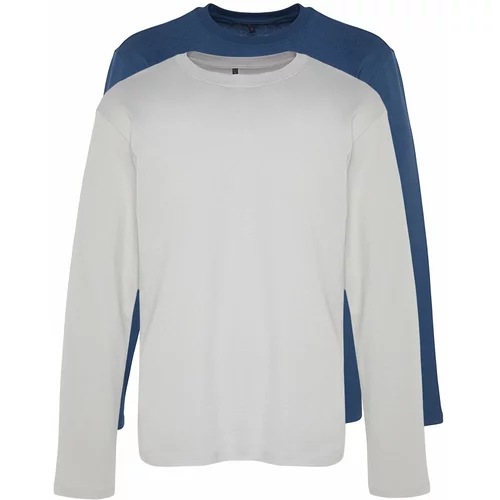 Trendyol Grey-Indigo Men 2-Pack 100% Cotton Long Sleeve Regular/Regular Cut Basic T-Shirt.