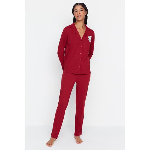 Trendyol Claret Red Printed Knitted Pajamas Set Slike