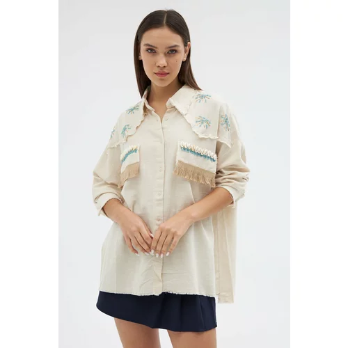 Laluvia Stone Bead Embroidered Tasseled Linen Shirt