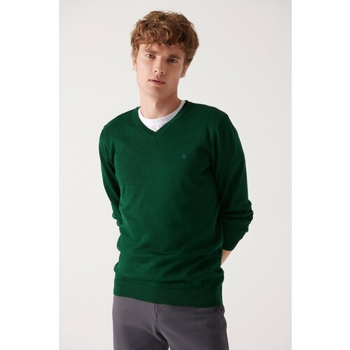 Avva Men's Green V-Neck Wool Blended Standard Fit Regular Cut Knitwear Sweater Slike