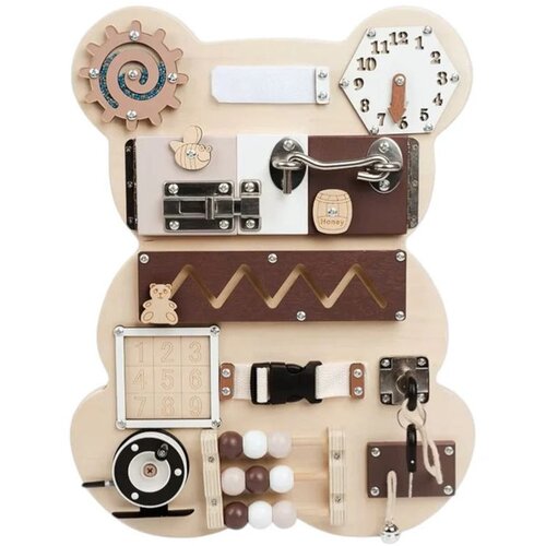 Kinder Home Drveni Bizi Bord Mjedić Montessori daska za finu motoriku, 30 x 39 cm Slike
