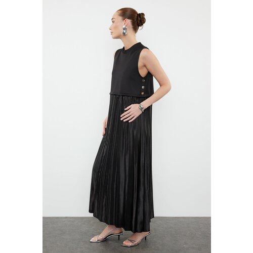 Trendyol Black Skirt Pleated Knitted Satin Underwear Dress Cene