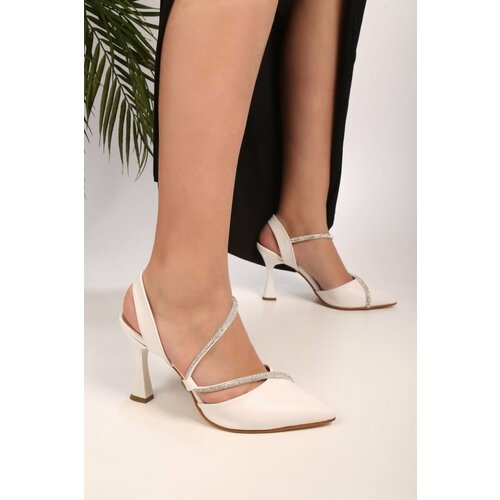 Shoeberry Women's Silvy White Skin Stony Heels Shoes Cene