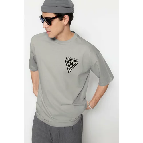 Trendyol Men's Gray Oversize/Wide-Fit City Printed 100% Cotton Short Sleeve T-Shirt