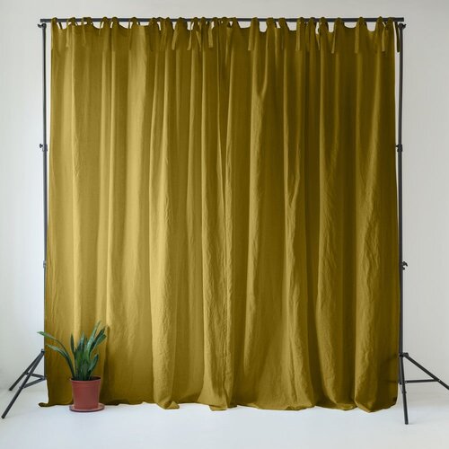 Linen Tales Oker rumena/zelena lanena zavesa 140x170 cm Moss Green – Cene