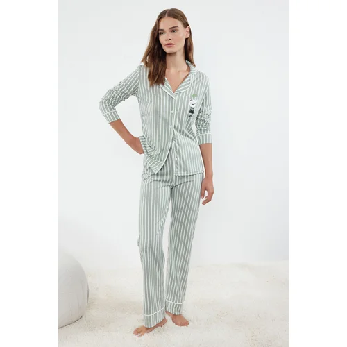 Trendyol Mint Cotton Striped Animal Patterned Knitted Pajama Set