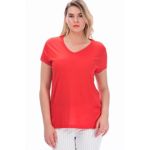 Şans Women's Plus Size Red Cotton Fabric V-Neck Blouse Slike