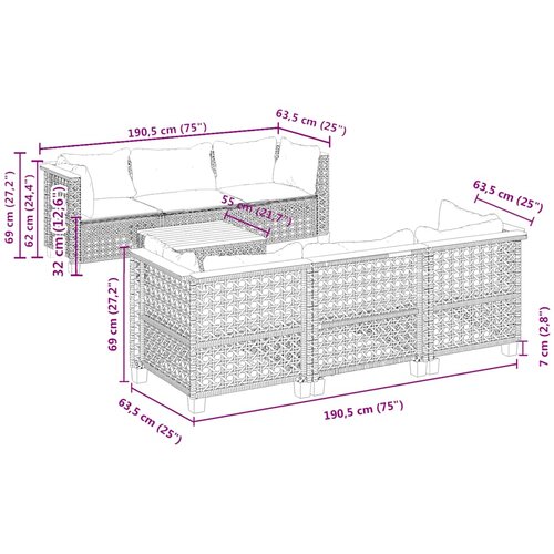  7-dijelni set vrtnih sofa od poliratana s jastucima bež 55 x 55 x 36 cm Slike