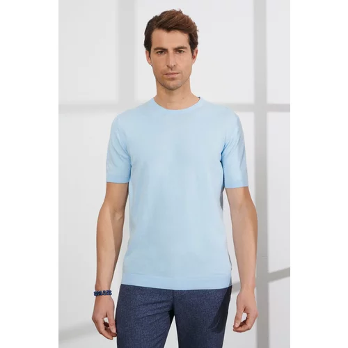 ALTINYILDIZ CLASSICS Men's Blue Standard Fit Normal Cut Crew Neck 100% Cotton Short Sleeve Knitwear T-Shirt.