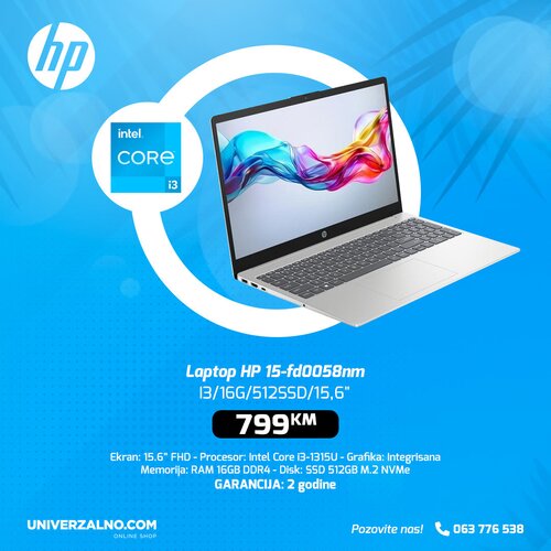 HP Laptop 15-fd0058nm i3/16G/512SSD/15,6" FHD Cijene