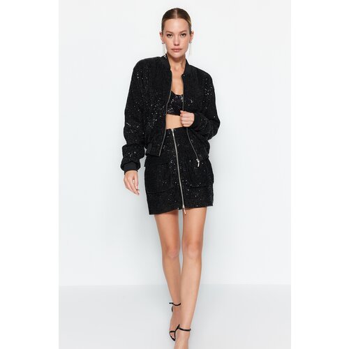 Trendyol Black Knitted Sparkly Sequin Sequin Bomber Jacket Cene