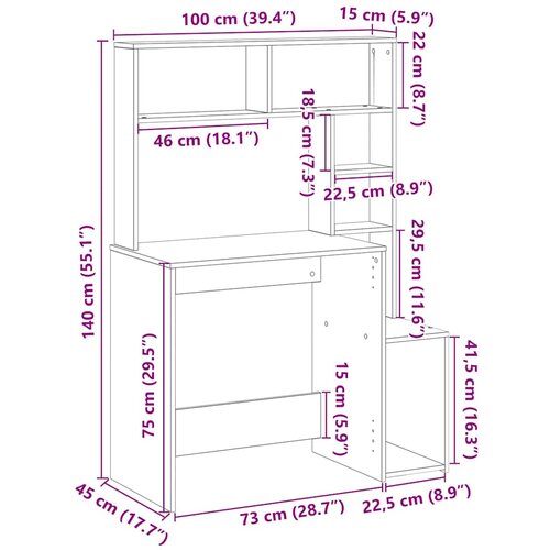  Radni stol s policama siva boja hrasta 100x45x140 cm drveni Slike