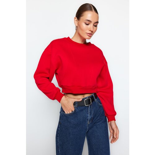 Trendyol Red Thick Fleece Inside Stitching Detail, Comfortable Fit Crop Knitted Sweatshirt Slike