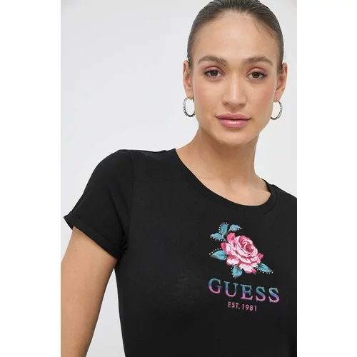 Guess Bombažna kratka majica ženski, črna barva
