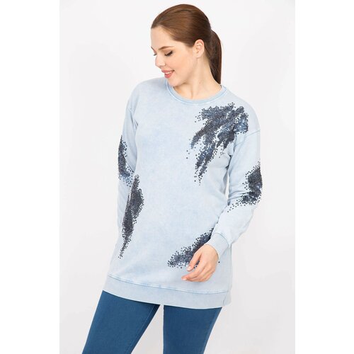 Şans Women's Blue Plus Size Sequin Detail Sweatshirt Slike