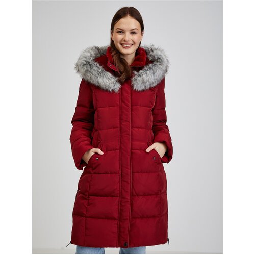 Orsay Burgundy Down Winter Coat with Hood and Faux Fur - Ladies Slike