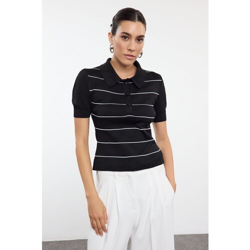 Trendyol Black Polo Neck Striped Knitwear Sweater Cene